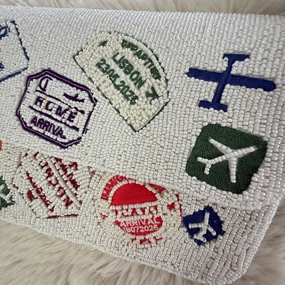 Viral TikTokBeaded Clutch Purse White Travel Theme Bag - Picture 2 of 7